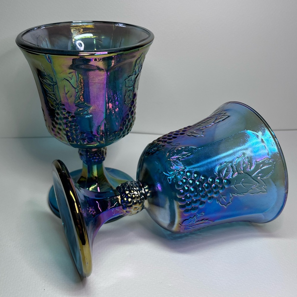 Pair Indiana Glass Blue Carnival Glass Harvest Grape Goblets Iridescent